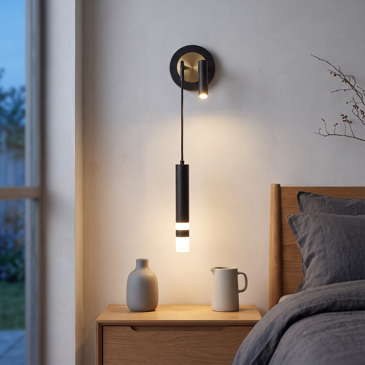 Black wall light with gold inner disc and hanging tube by a bed
