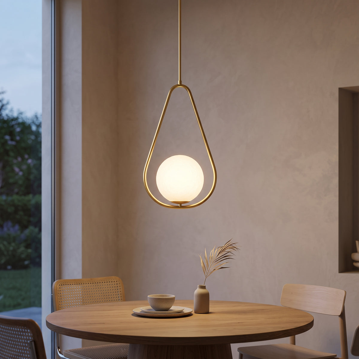 Gold teardrop pendant light with opal globe over an oak table