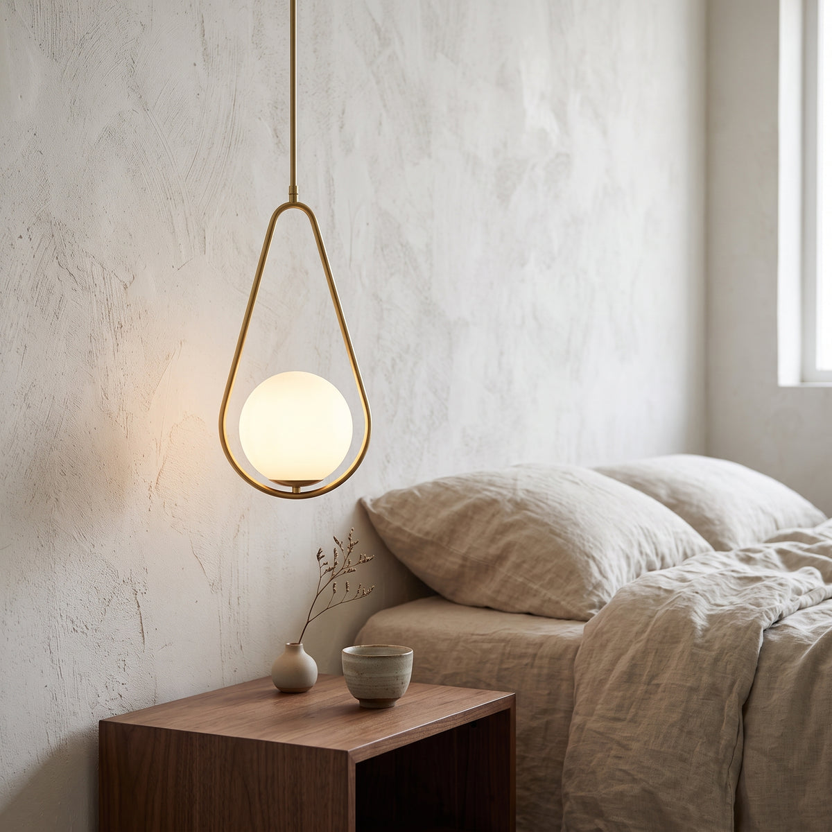 Gold teardrop bedside pendant glowing over a walnut nightstand