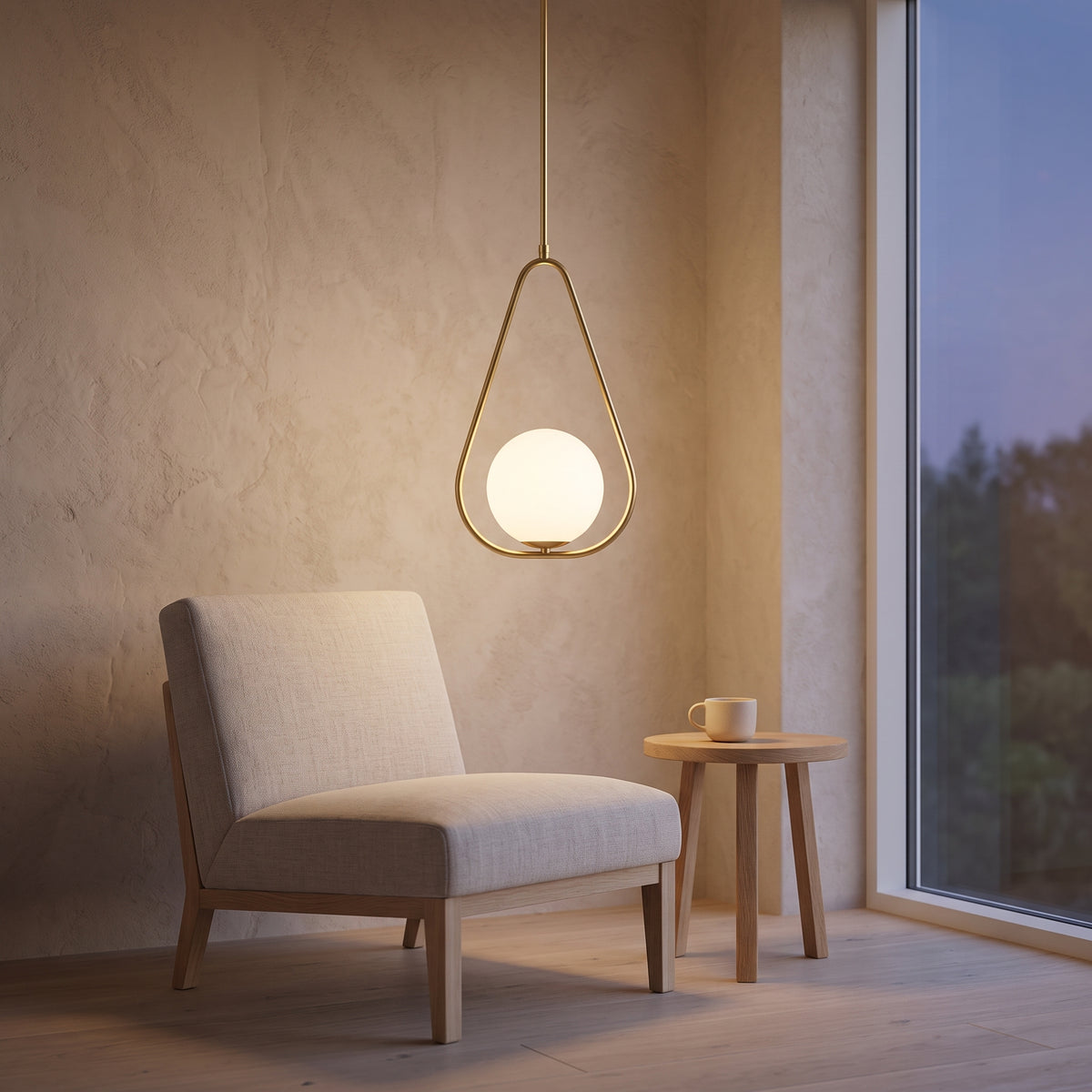 Gold teardrop pendant light in a Nordic reading corner at dusk