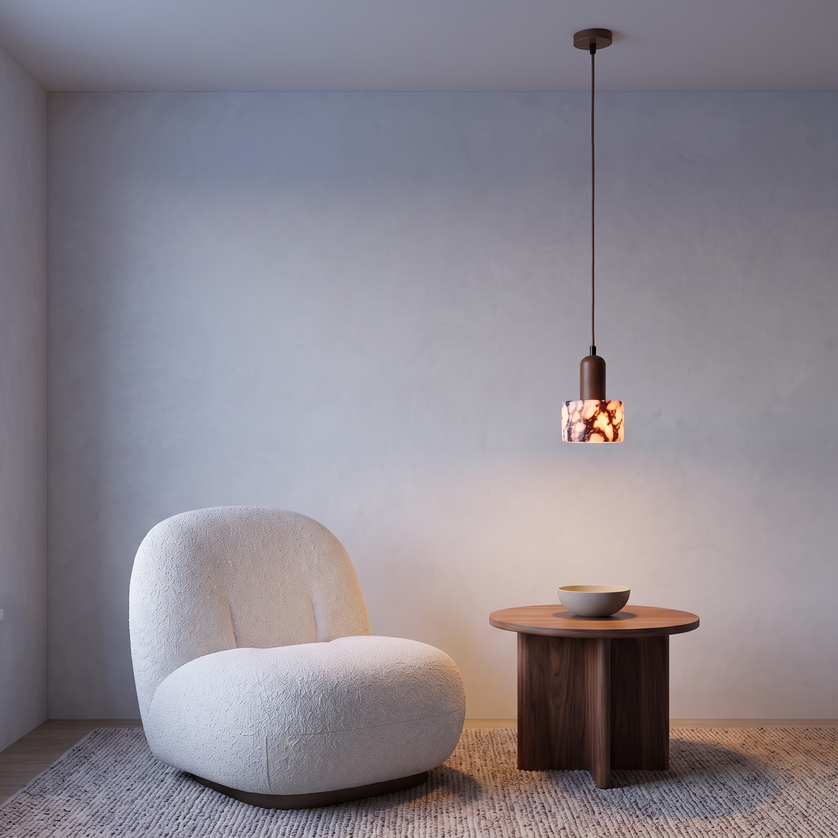 Purple-veined marble pendant over a walnut side table in a lounge