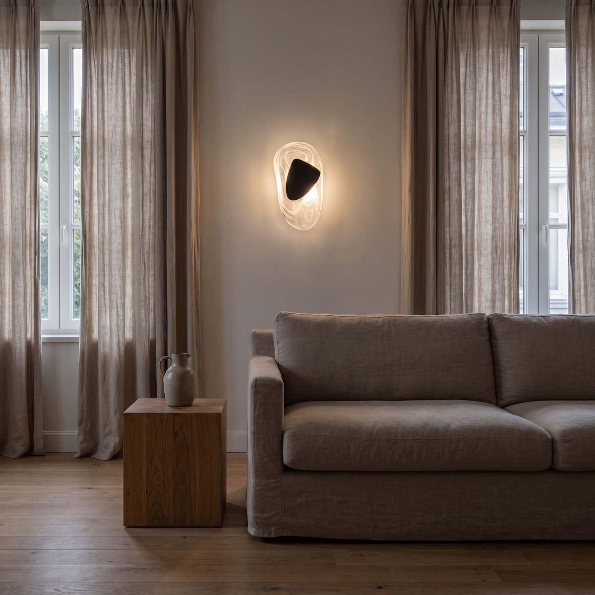 Glowing swirled glass wall light with black plate above a linen sofa