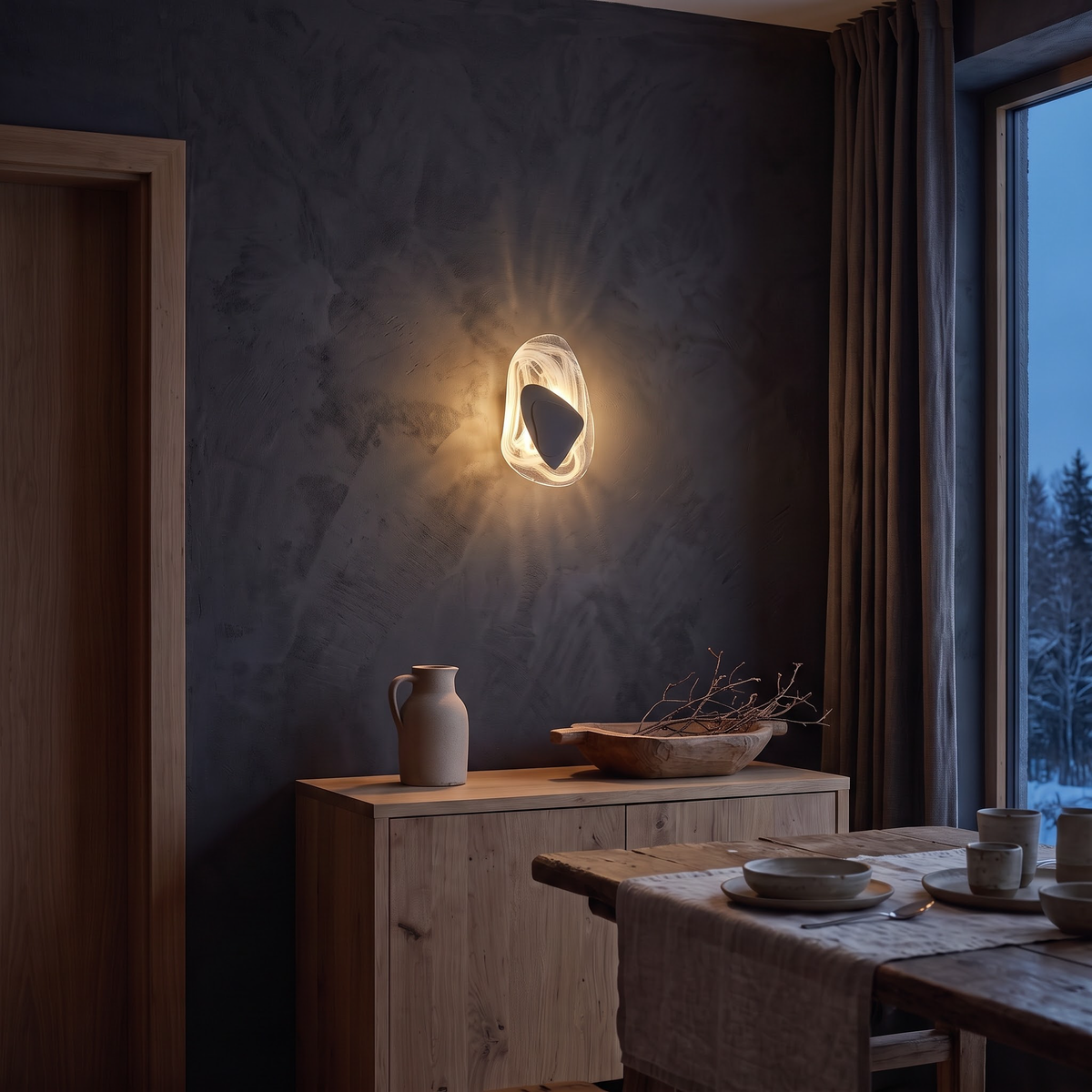 Swirled glass and black plate wall light on a charcoal plaster wall
