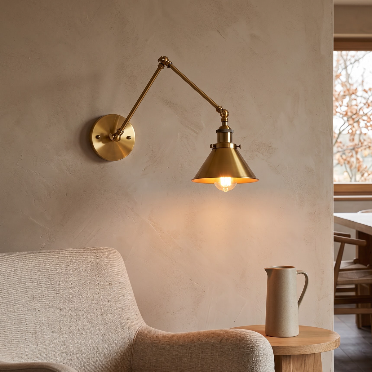 Brass swing-arm wall light angled over a linen reading chair