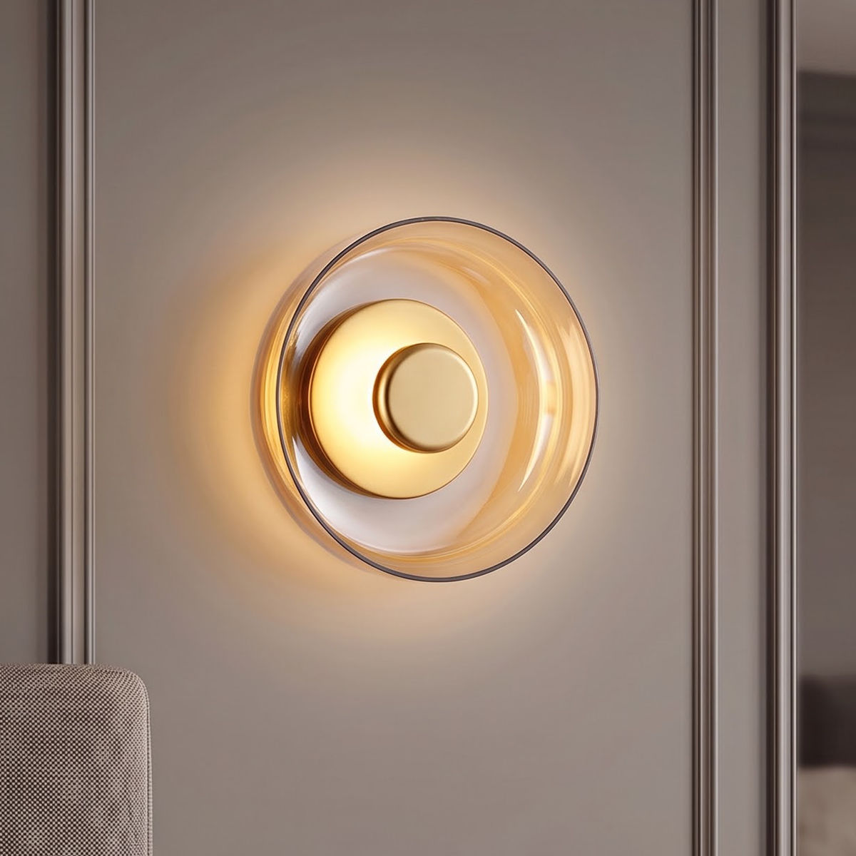 Amber glass disc wall light with gold centre glowing above a nightstand