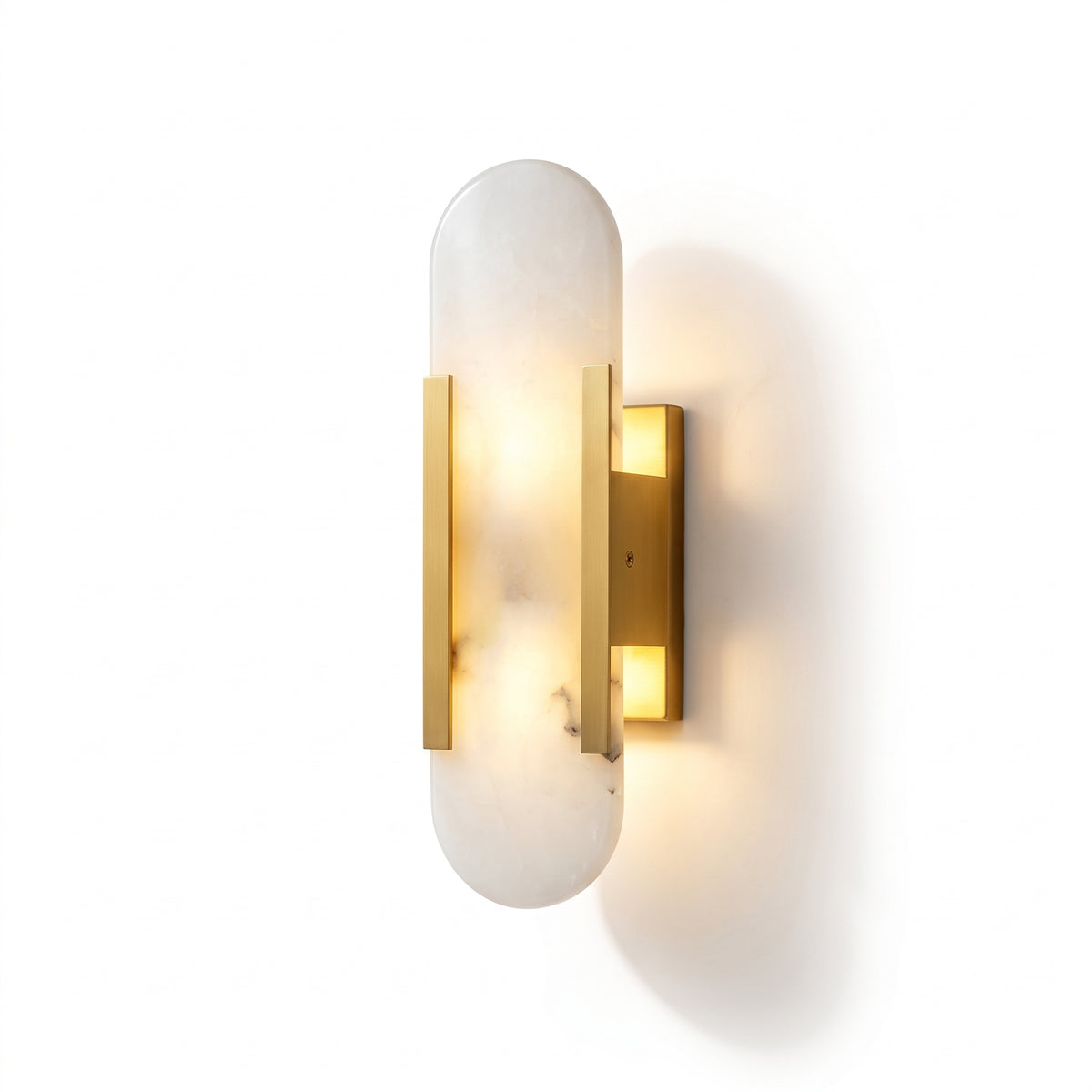 White marble panel wall sconce with gold brass bars and backplate