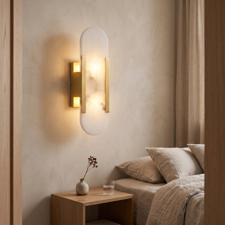 Yuki Marble Wall Sconce – White Natural Marble Panel on Metal Backplate, 13.8 or 19.6 in, Gold or Black