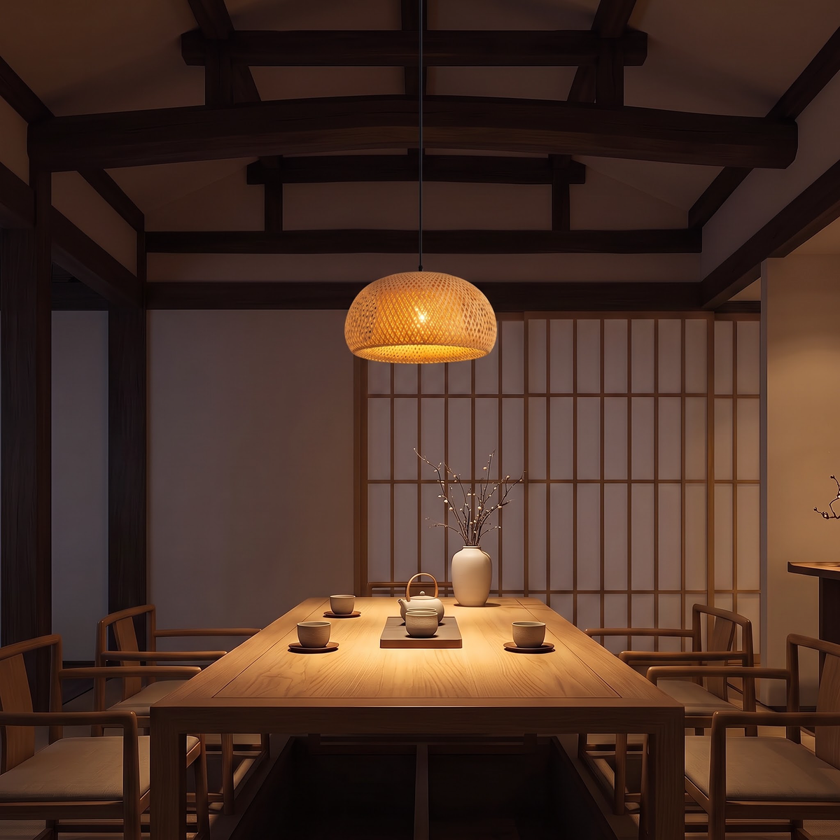 Bamboo lattice pendant light over a long oak tea table at dusk