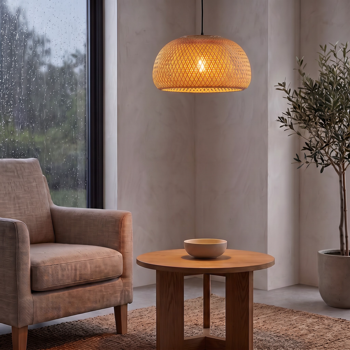 Hand-woven bamboo dome pendant above a reading chair and oak side table